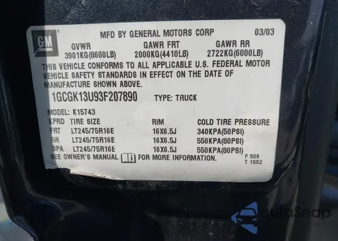 2003 Chevrolet Silverado 1500Hd Ls z USA, uszkodzony, nr VIN 1GCGK13U93F207890